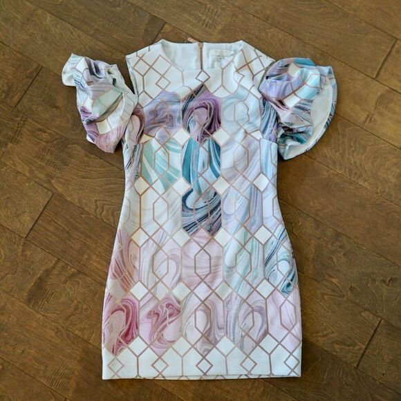 Ted Baker Krimba Sea Of Clouds Pencil Dress Cold Shoulder Multicolor Size 3 US 8 - Picture 5 of 8